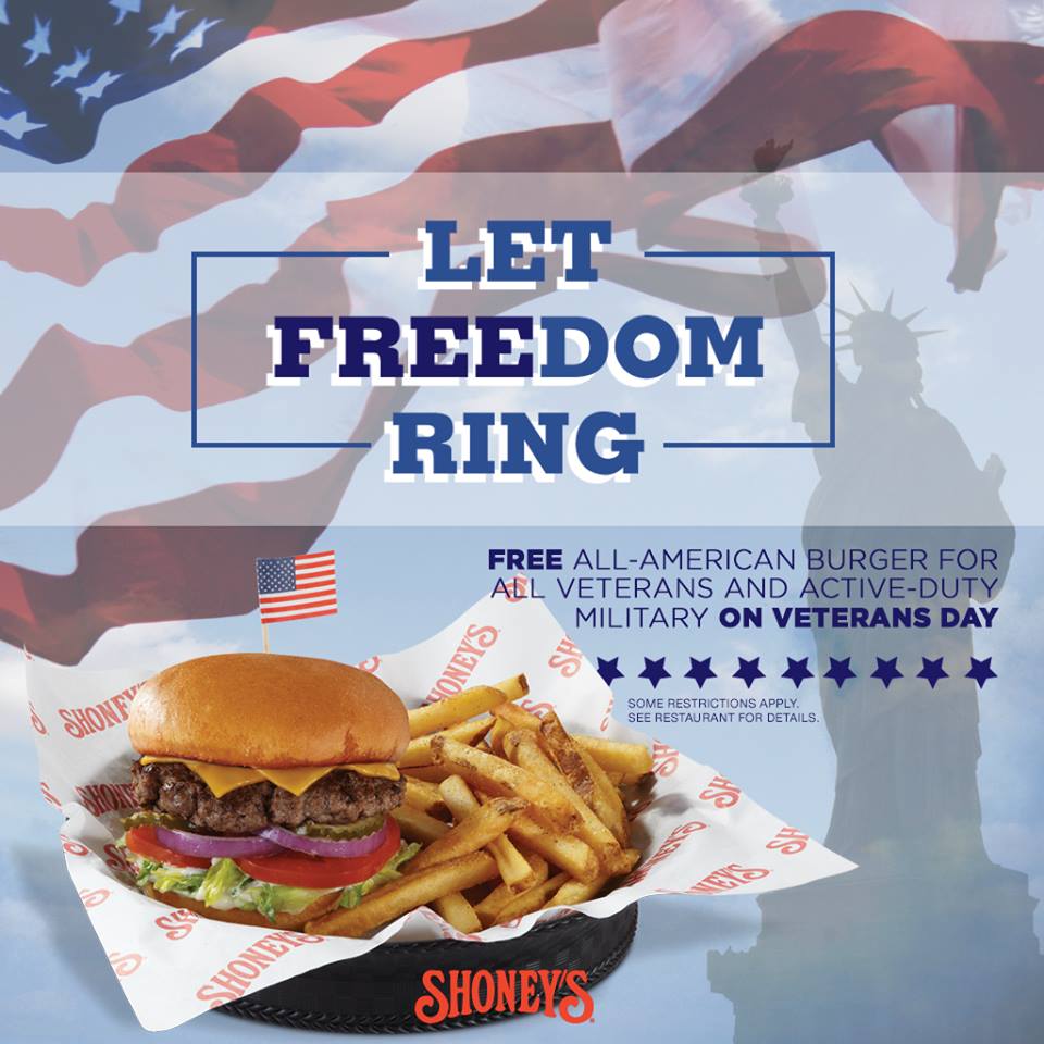 "Let Freedom Ring": Free All-American Burger for All Veterans and Active-Duty Military on Veterans Day.